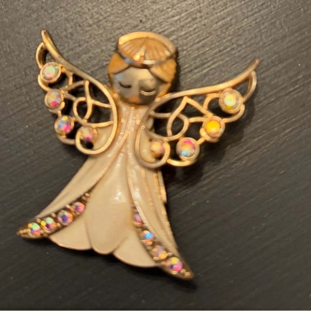 Vintage Gold and Cream Angel Rhinestone Wings Brooch